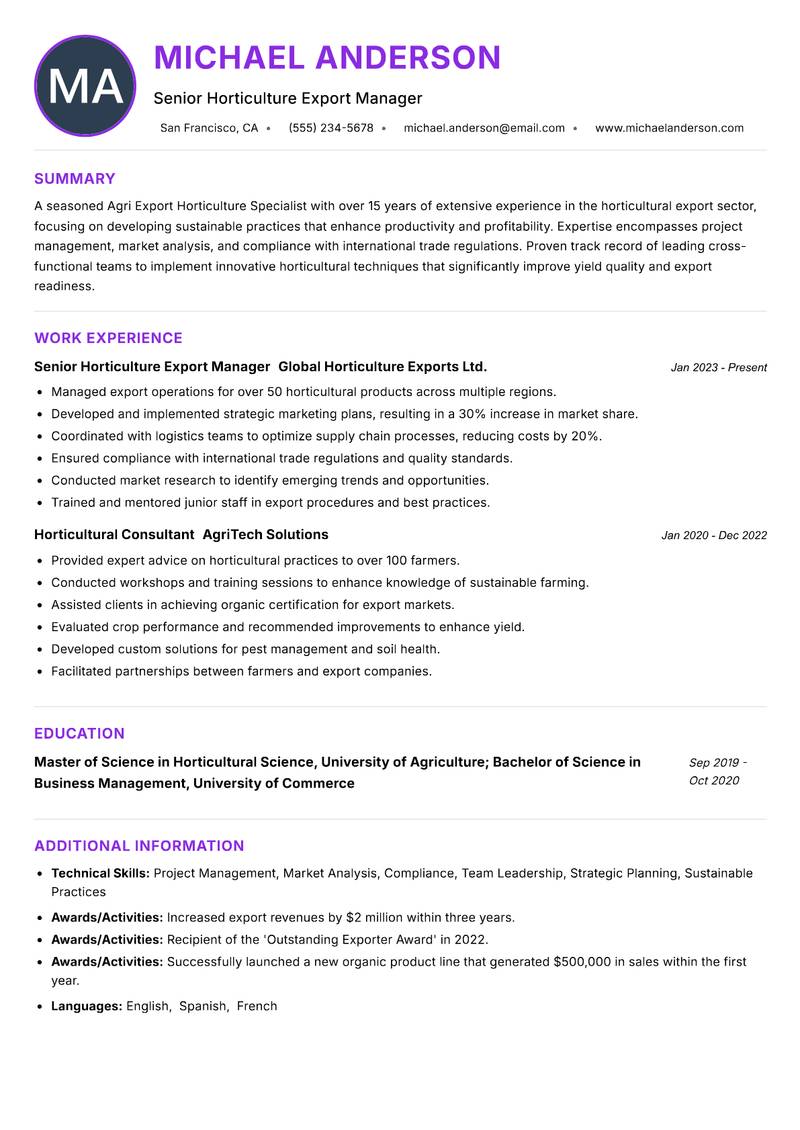 Agri Export Horticulture Specialist resume example — Horticulture