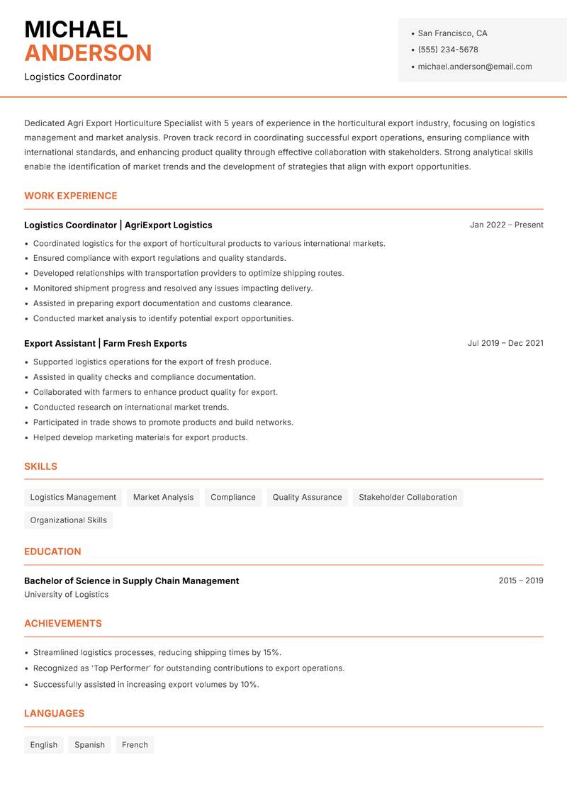 Agri Export Horticulture Specialist resume sample — Logistics Coordinator focus