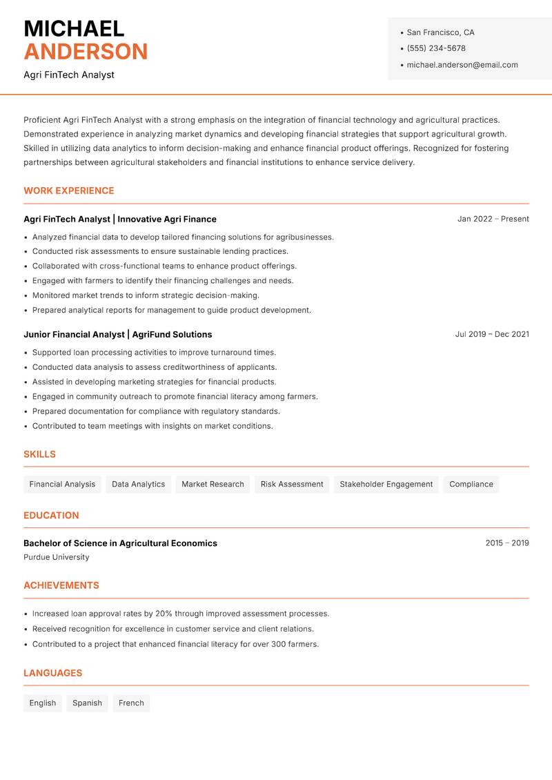 Agri FinTech Analyst resume sample — Agri FinTech Analyst focus