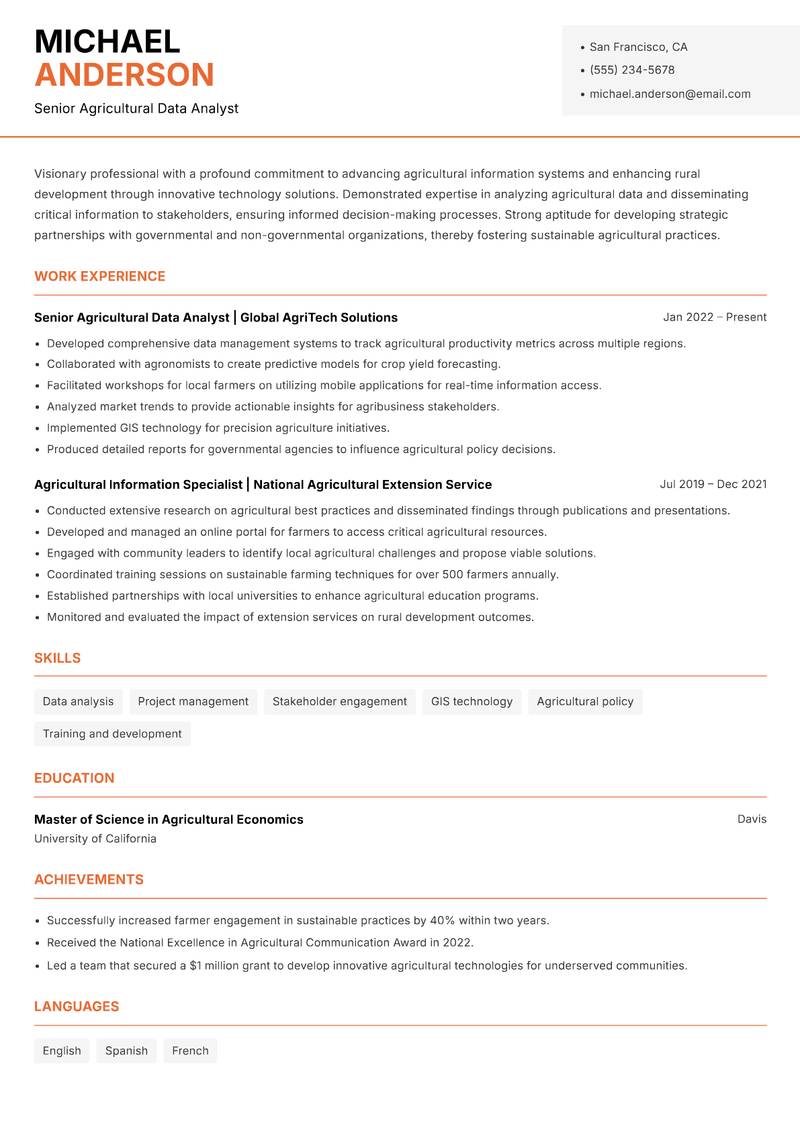 Agri Information Officer resume sample — Senior Agricultural Data Analyst focus