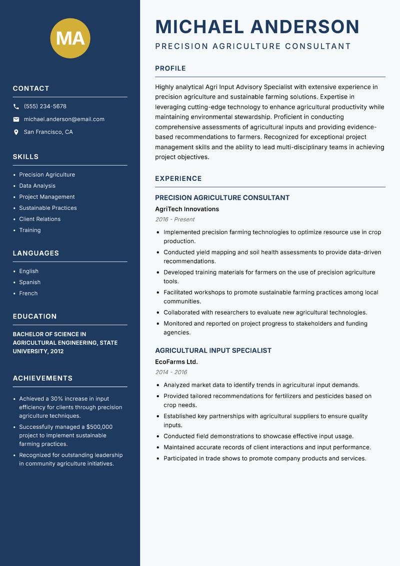 Agri Input Advisory Specialist resume sample — Precision Agriculture Consultant focus