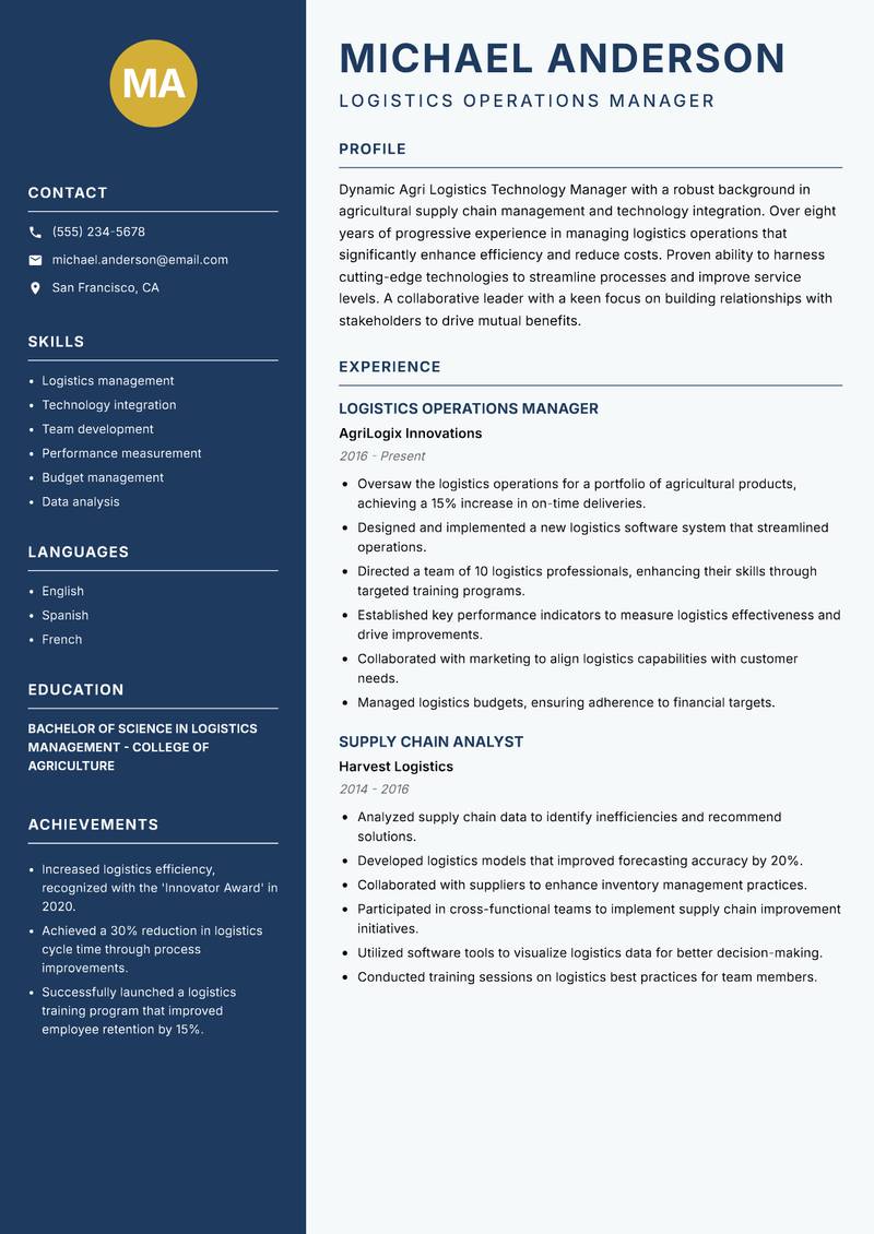 Agri Logistics Technology Manager resume sample — Logistics Operations Manager focus