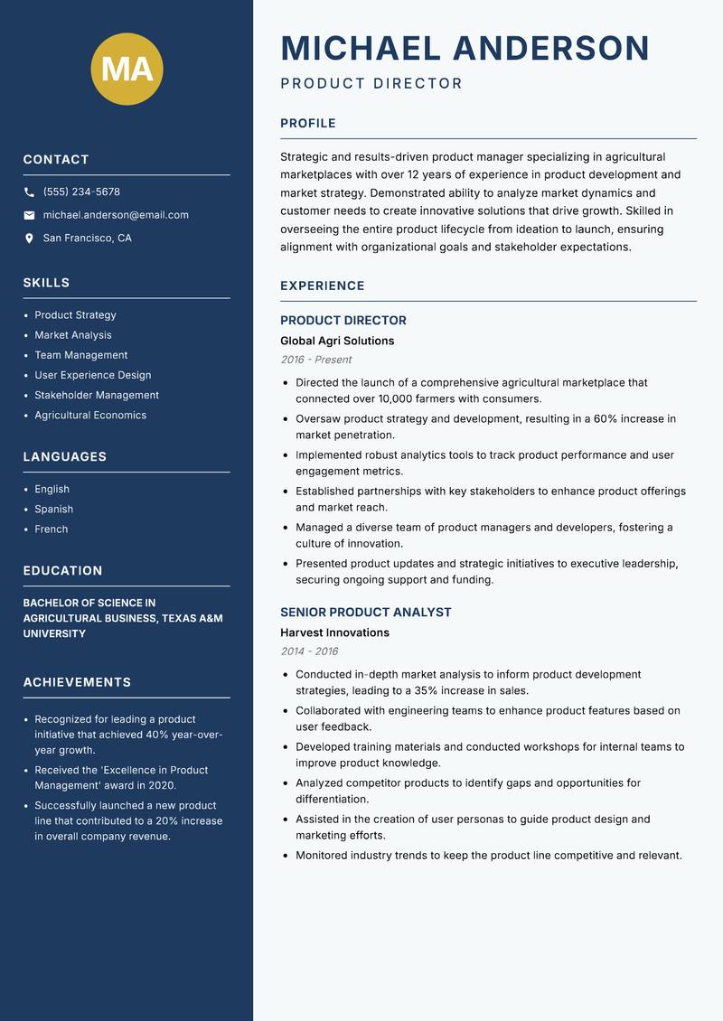 Agri Marketplace Product Manager resume sample — Product Director focus