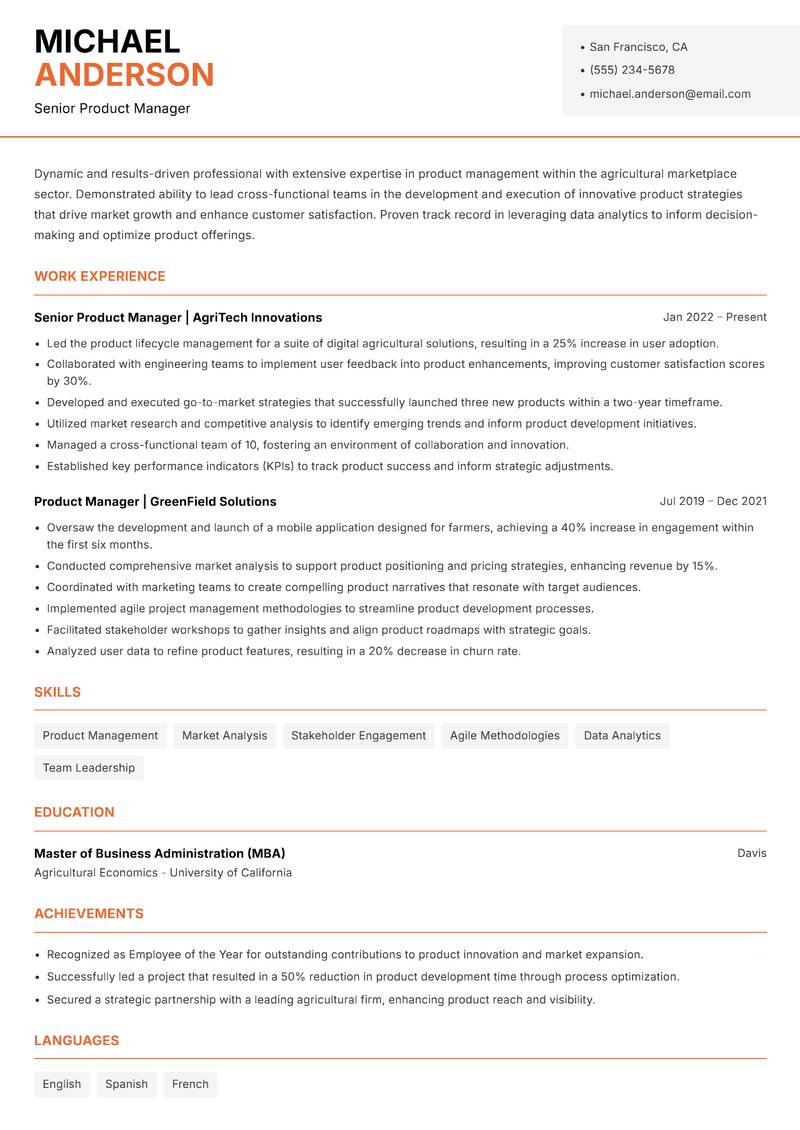 Agri Marketplace Product Manager resume sample — Senior Product Manager focus
