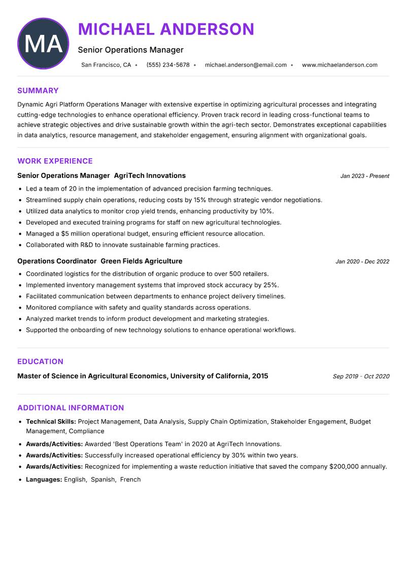 Agri Platform Operations Manager resume example