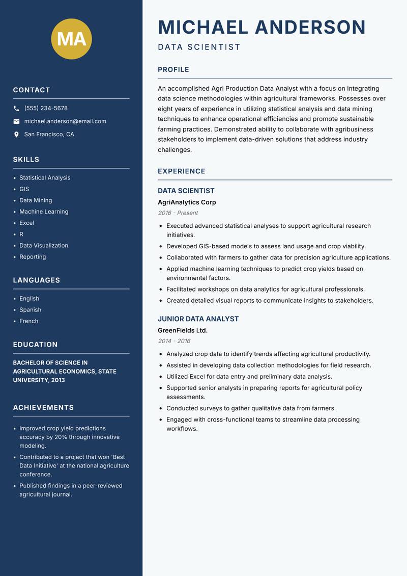 Agri Production Data Analyst resume sample — Data Scientist focus