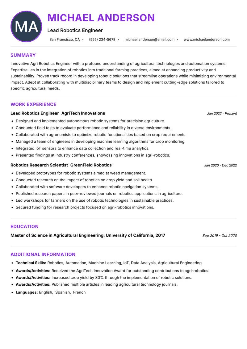 Agri Robotics Engineer resume example