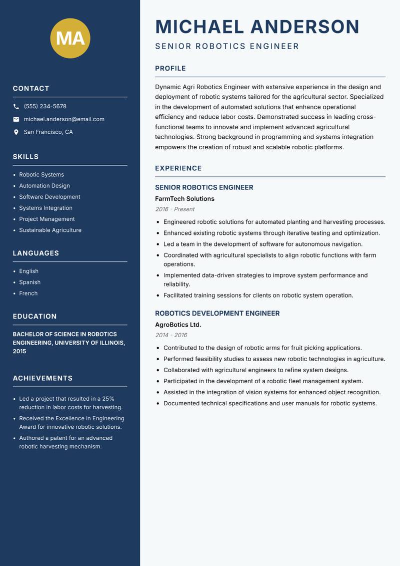 Agri Robotics Engineer resume sample — Senior Robotics Engineer focus