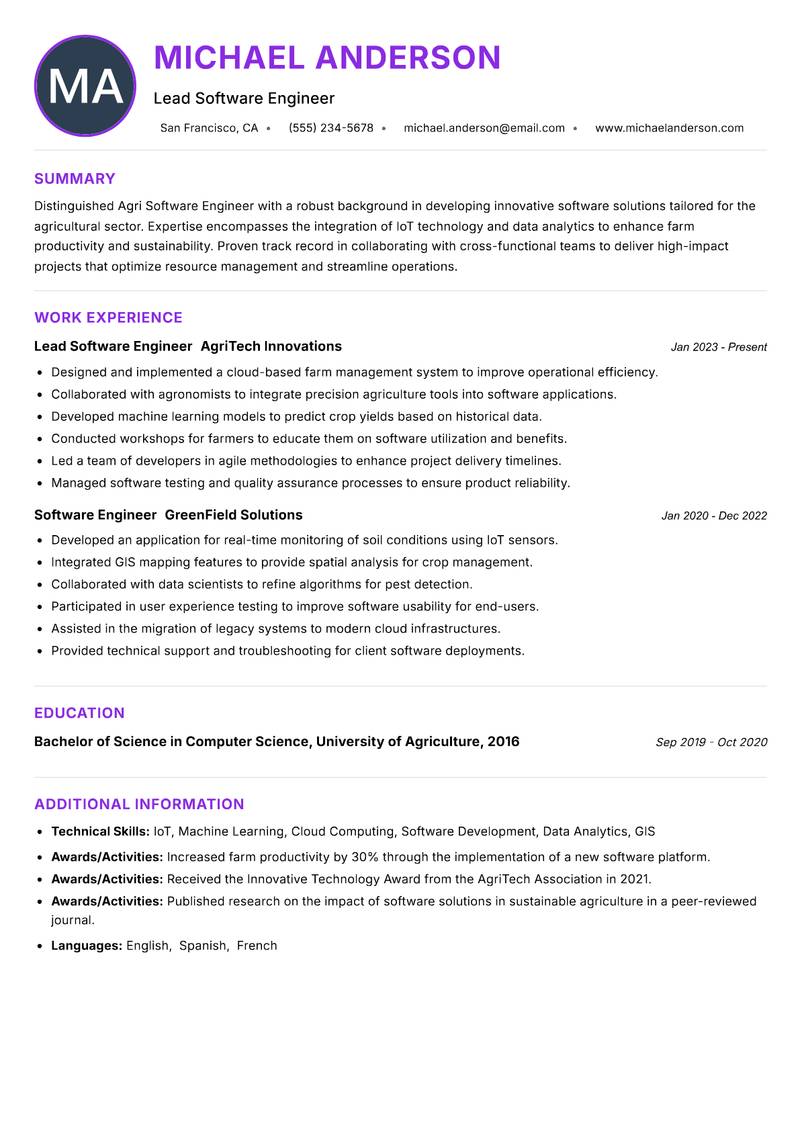 Agri Software Engineer resume example