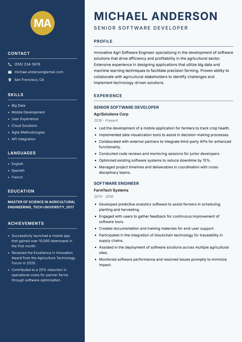 Agri Software Engineer resume sample — Senior Software Developer focus