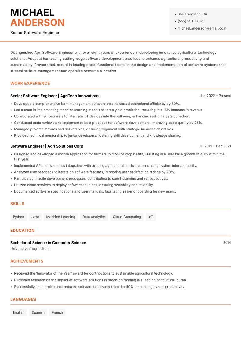Agri Software Engineer resume sample — Senior Software Engineer focus