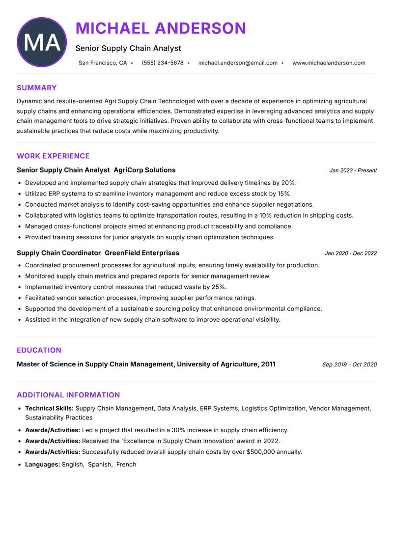 Agri Supply Chain Technologist resume example
