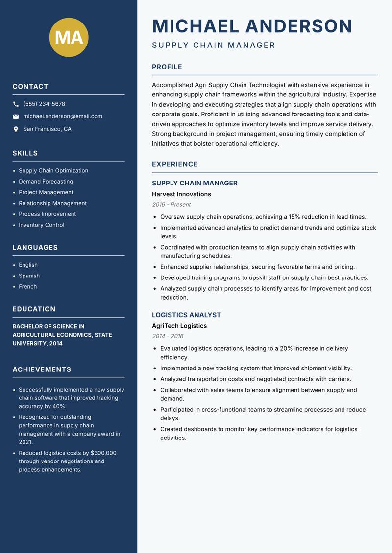 Agri Supply Chain Technologist resume sample — Supply Chain Manager focus