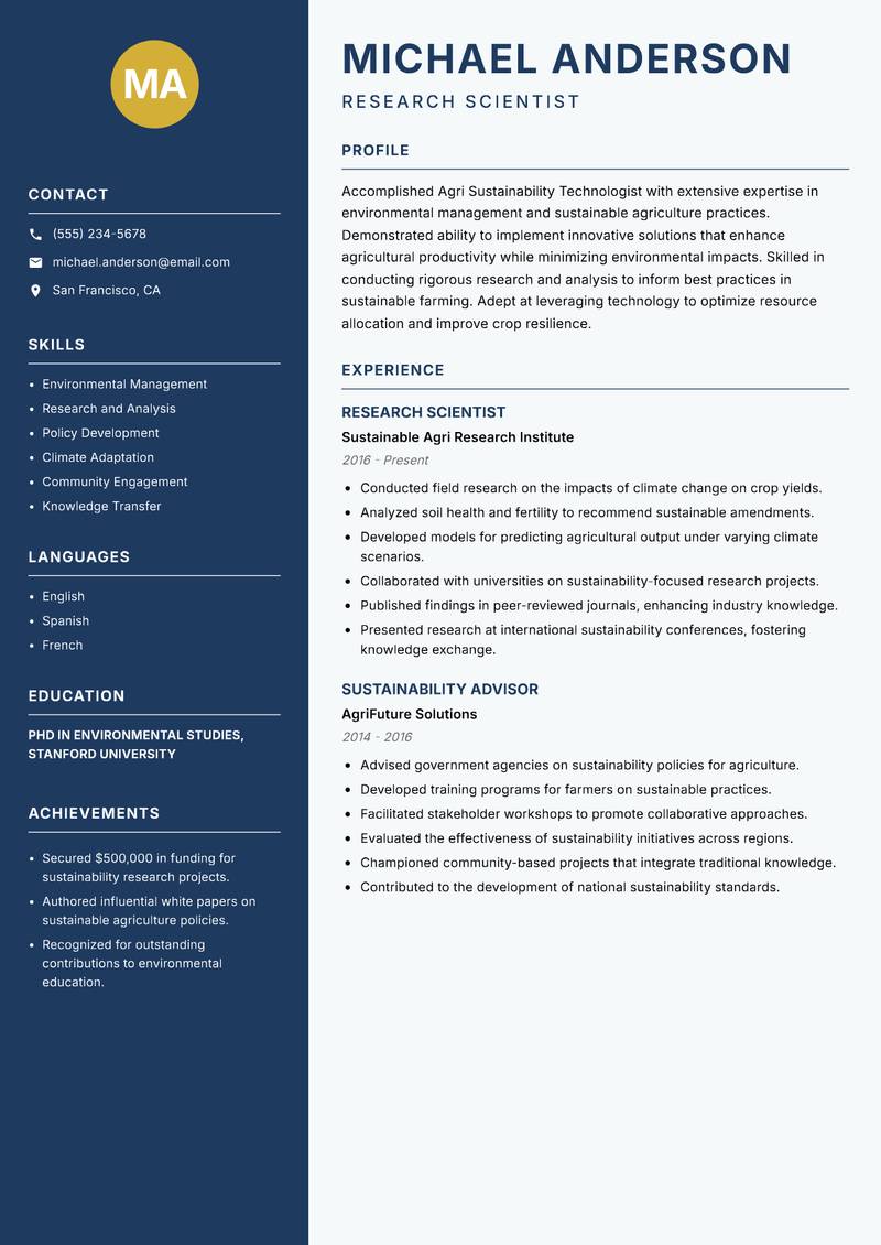 Agri Sustainability Technologist resume sample — Research Scientist focus