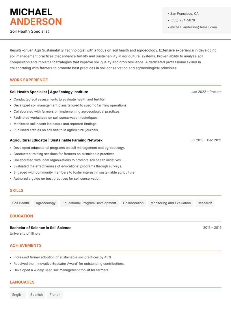 Agri Sustainability Technologist resume sample — Soil Health Specialist focus