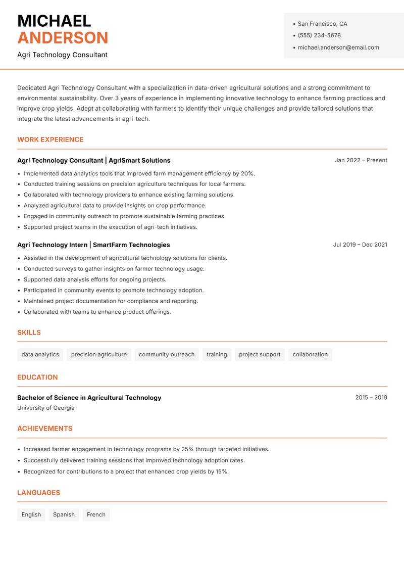 Agri Technology Consultant resume sample — Agri Technology Consultant focus