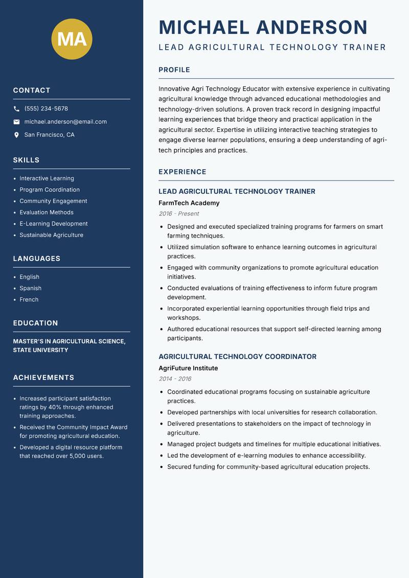 Agri Technology Educator resume sample — Lead Agricultural Technology Trainer focus