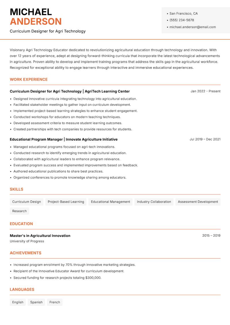 Agri Technology Educator resume sample — Curriculum Designer for Agri Technology focus