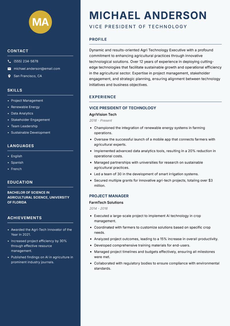 Agri Technology Executive resume sample — Vice President of Technology focus