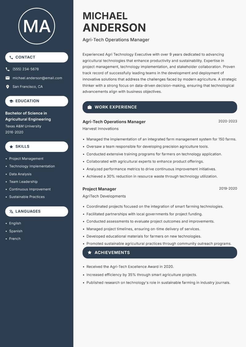 Agri Technology Executive resume sample — Agri-Tech Operations Manager focus