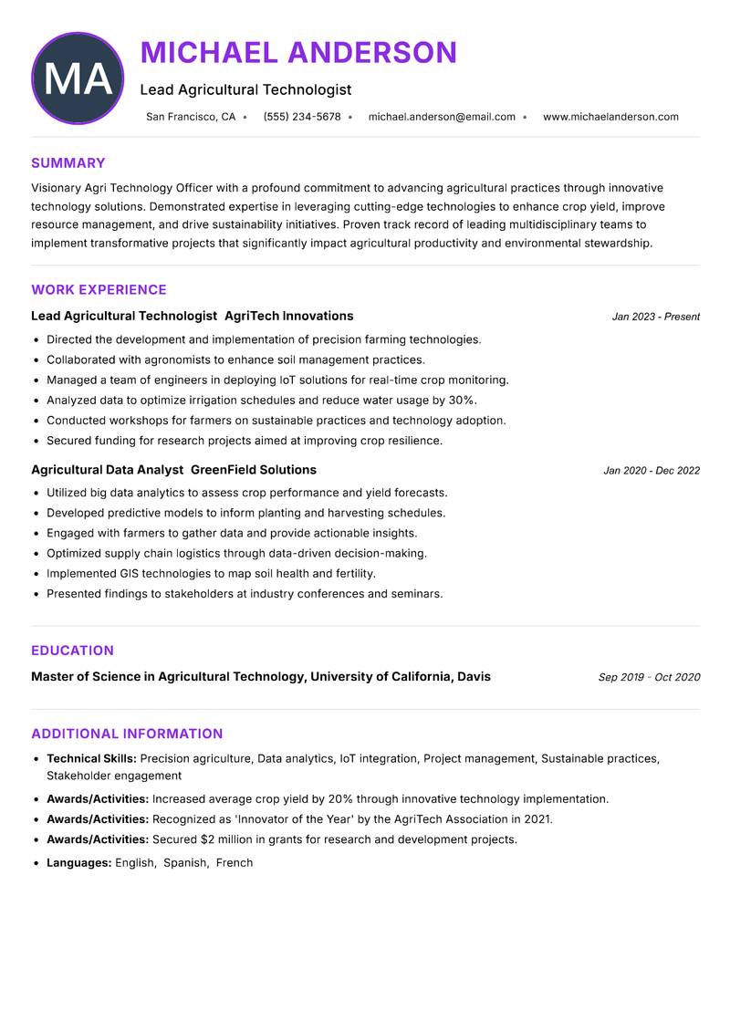 Agri Technology Officer resume example