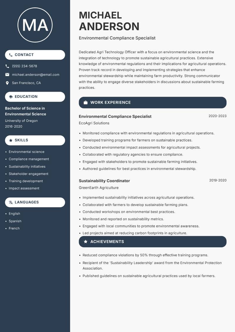Agri Technology Officer resume sample — Environmental Compliance Specialist focus