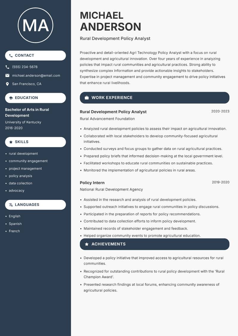 Agri Technology Policy Analyst resume sample — Rural Development Policy Analyst focus