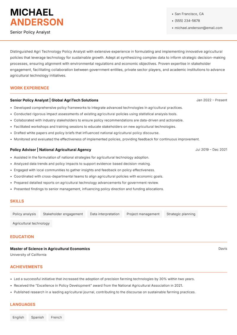 Agri Technology Policy Analyst resume sample — Senior Policy Analyst focus