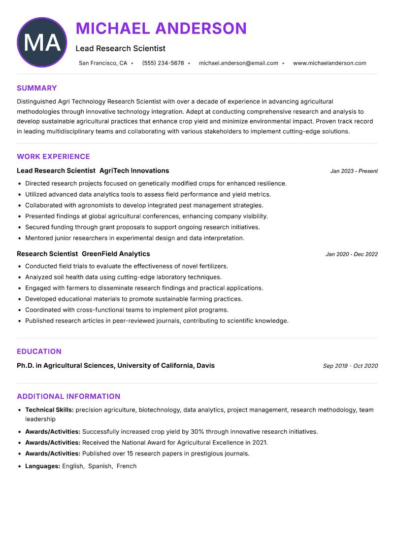 Agri Technology Research Scientist resume example