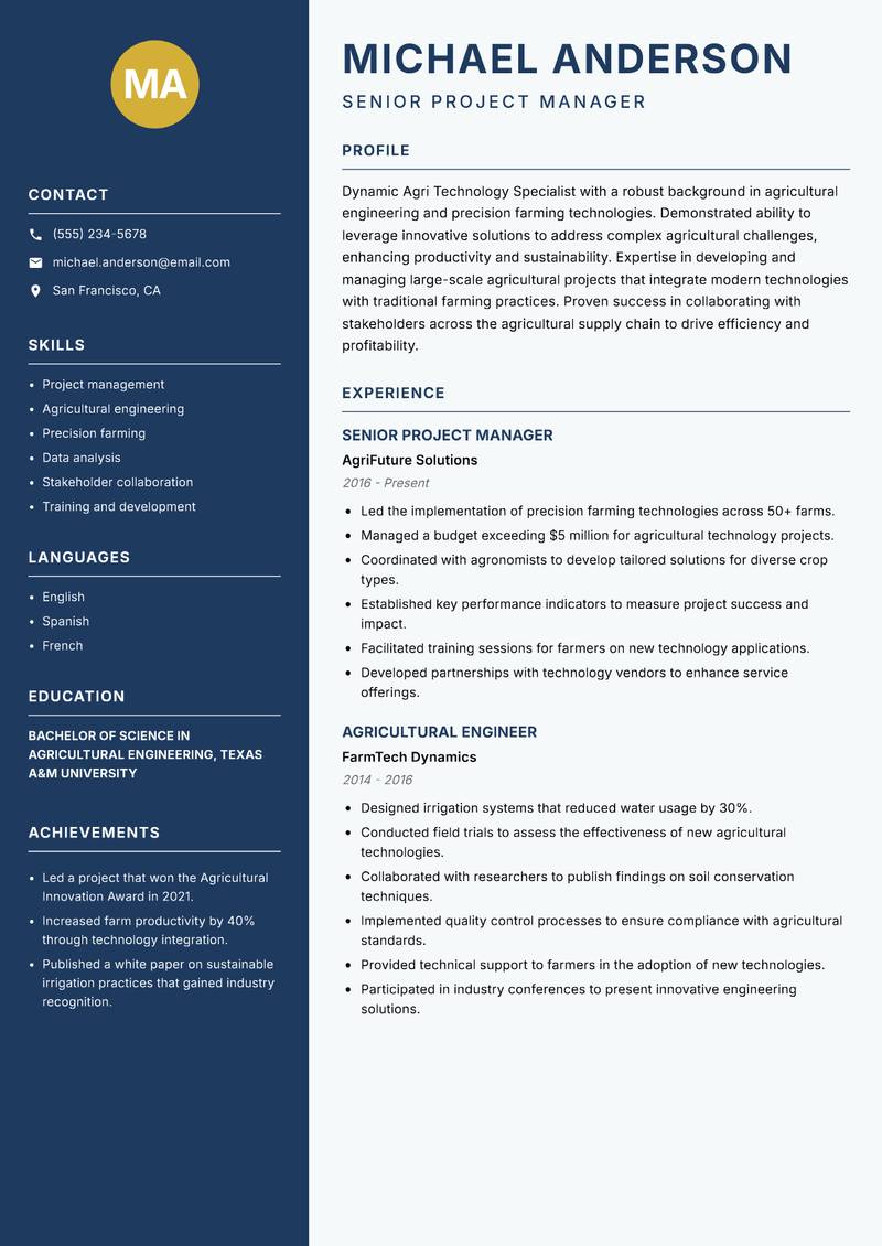 Agri Technology Specialist resume sample — Senior Project Manager focus