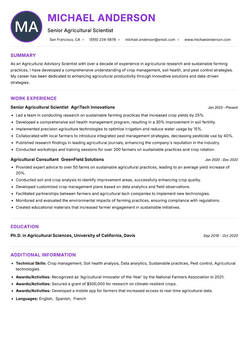 Agricultural Advisory Scientist resume example