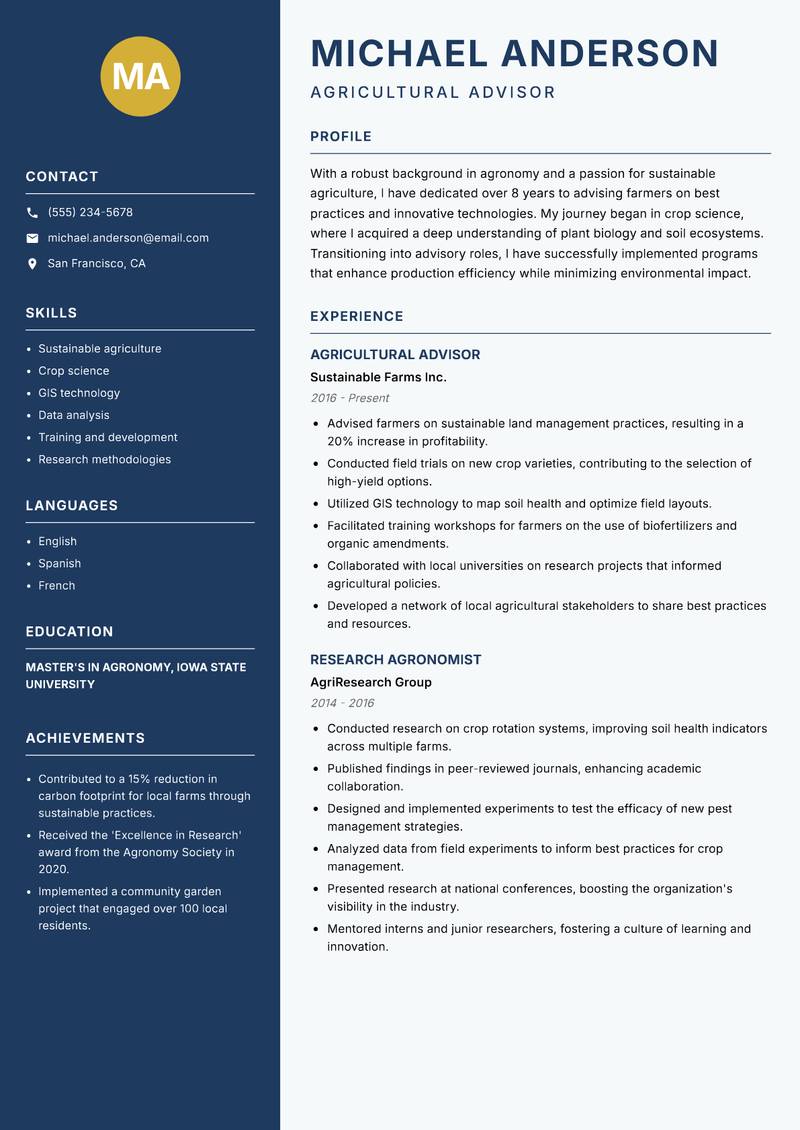 Agricultural Advisory Scientist resume sample — Agricultural Advisor focus