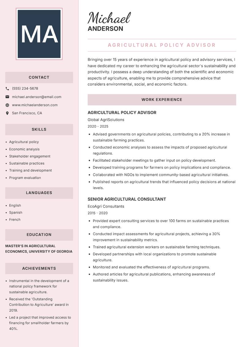 Agricultural Advisory Scientist resume sample — Agricultural Policy Advisor focus
