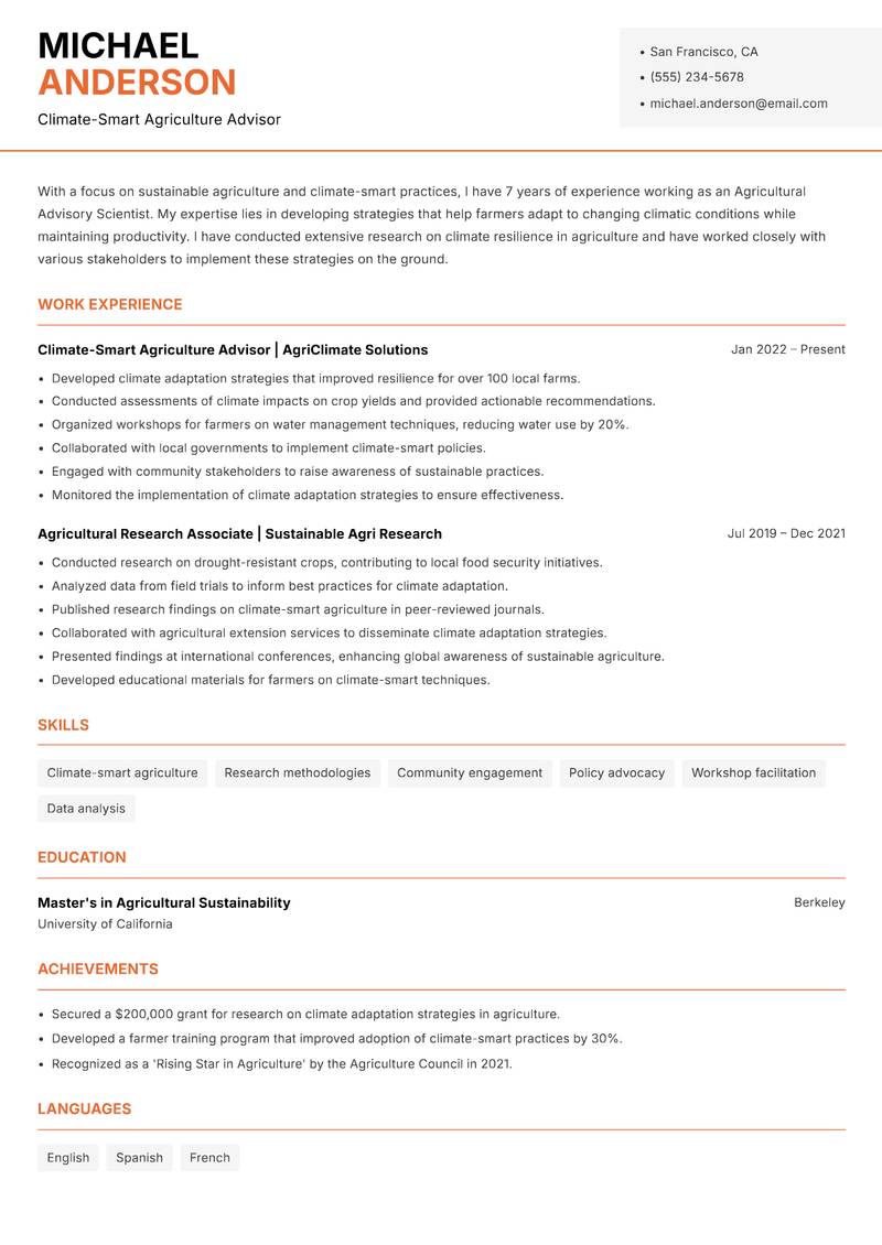 Agricultural Advisory Scientist resume sample — Climate-Smart Agriculture Advisor focus