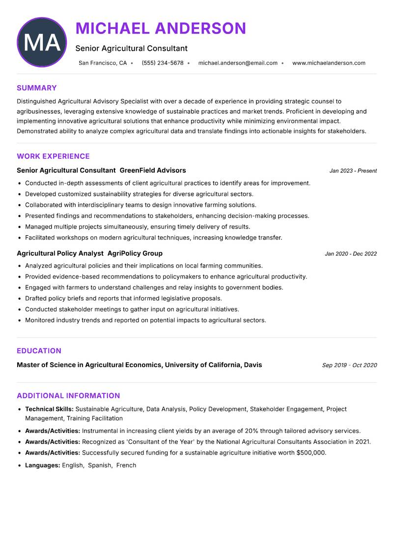 Agricultural Advisory Specialist resume example