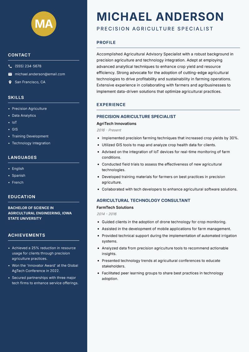 Agricultural Advisory Specialist resume sample — Precision Agriculture Specialist focus