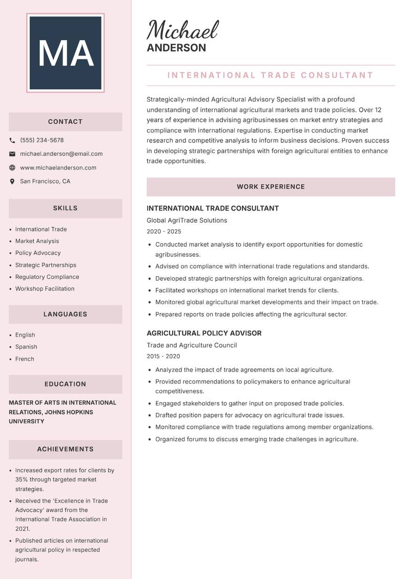 Agricultural Advisory Specialist resume sample — International Trade Consultant focus