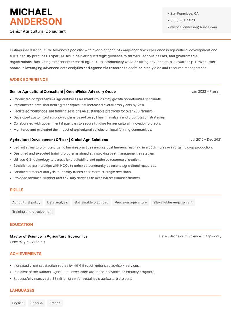 Agricultural Advisory Specialist resume sample — Senior Agricultural Consultant focus