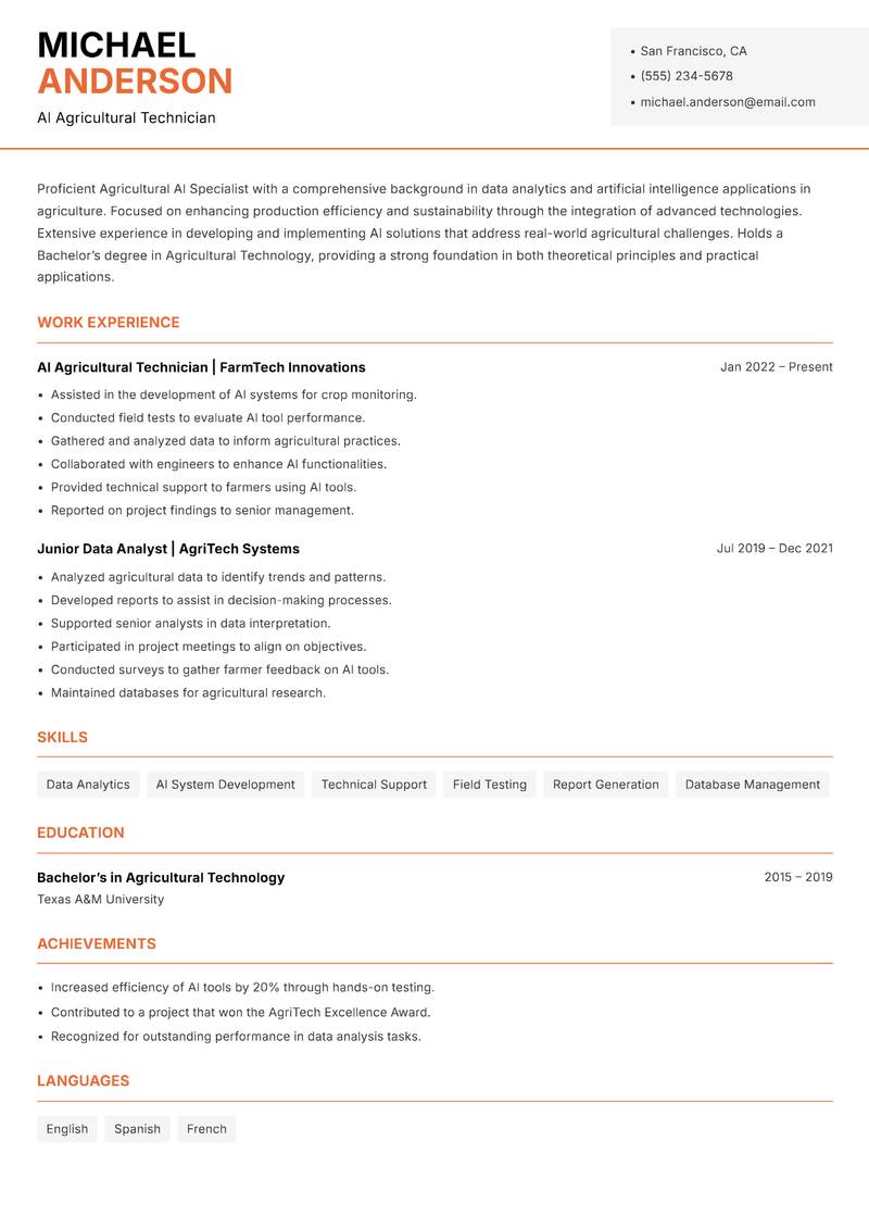 Agricultural AI Specialist resume sample — AI Agricultural Technician focus