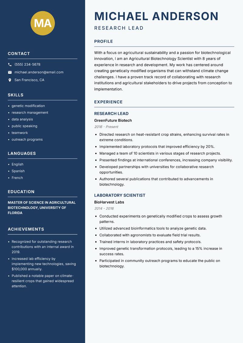 Agricultural Biotechnology Scientist resume sample — Research Lead focus
