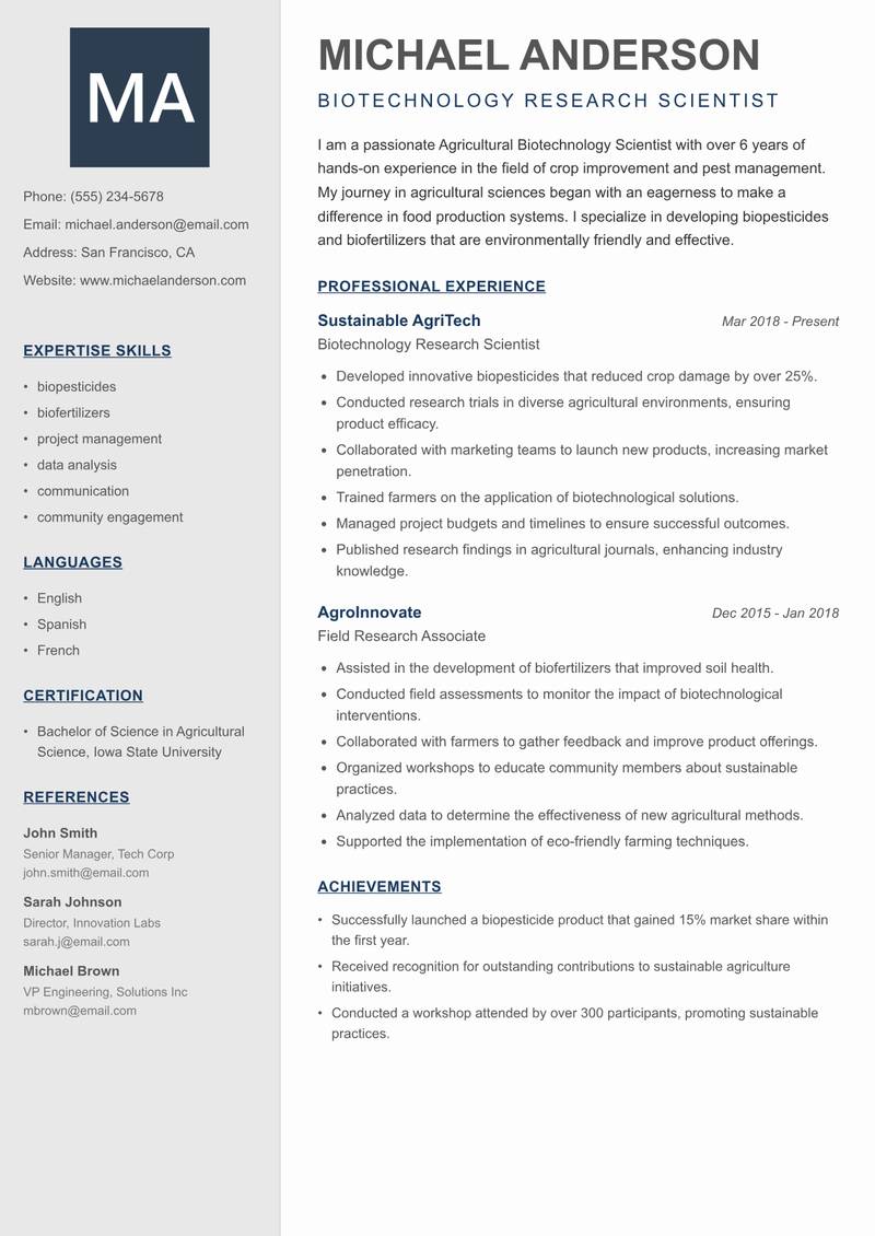Agricultural Biotechnology Scientist resume sample — Biotechnology Research Scientist focus