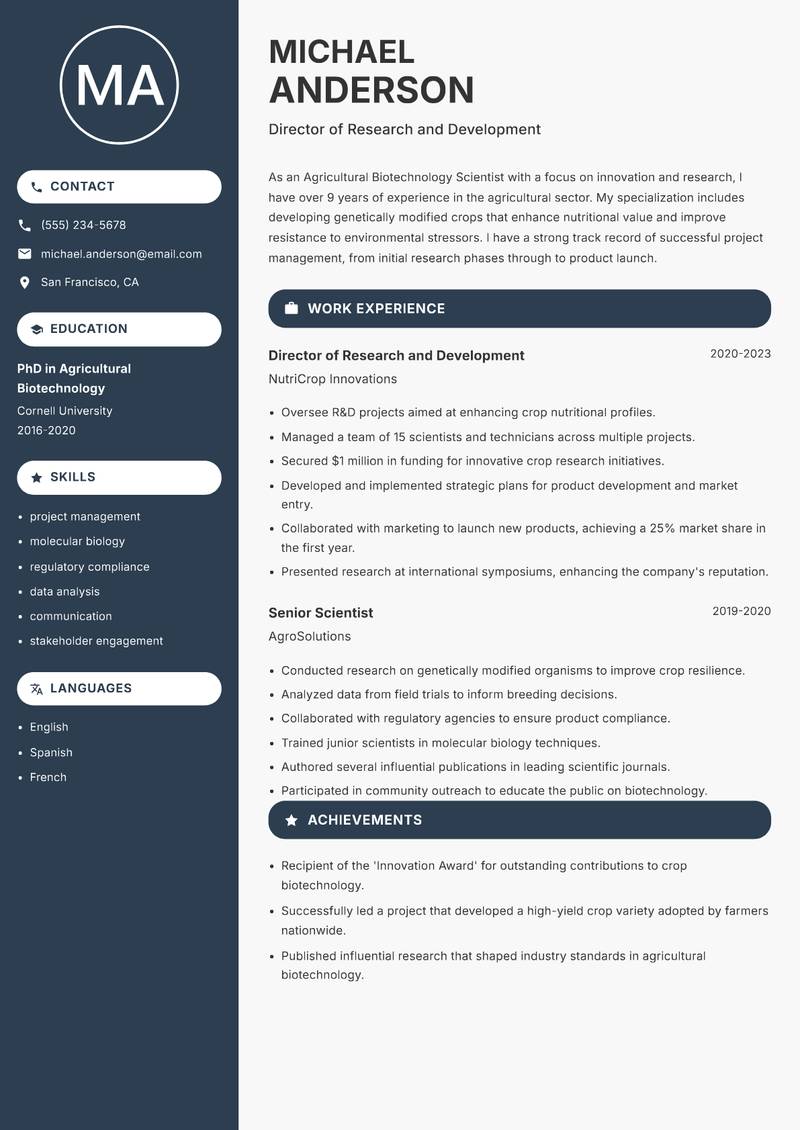 Agricultural Biotechnology Scientist resume sample — Director of Research and Development focus