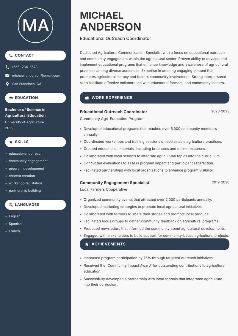 Agricultural Communication Specialist resume sample — Educational Outreach Coordinator focus