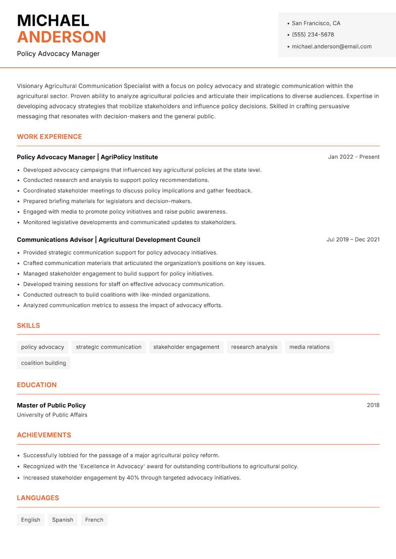 Agricultural Communication Specialist resume sample — Policy Advocacy Manager focus