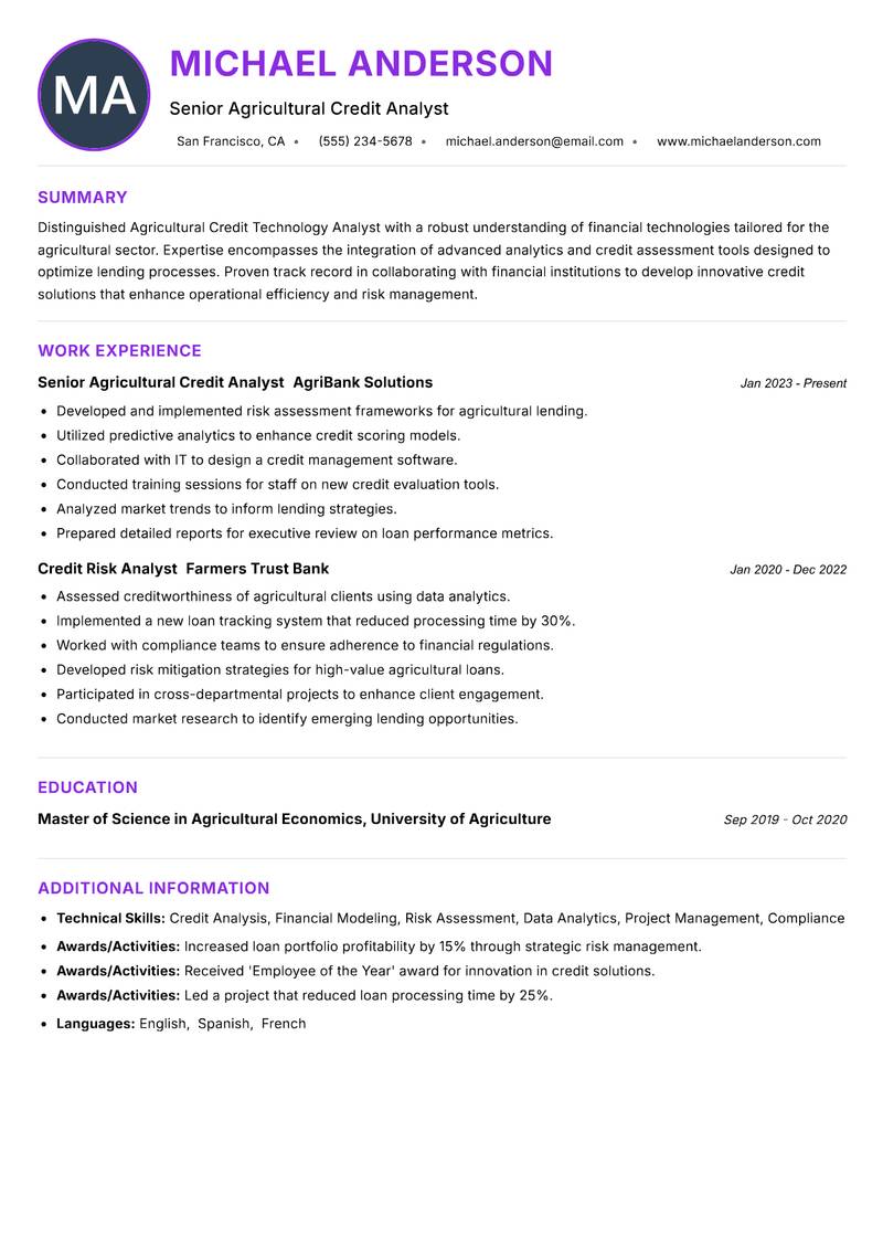 Agricultural Credit Technology Analyst resume example