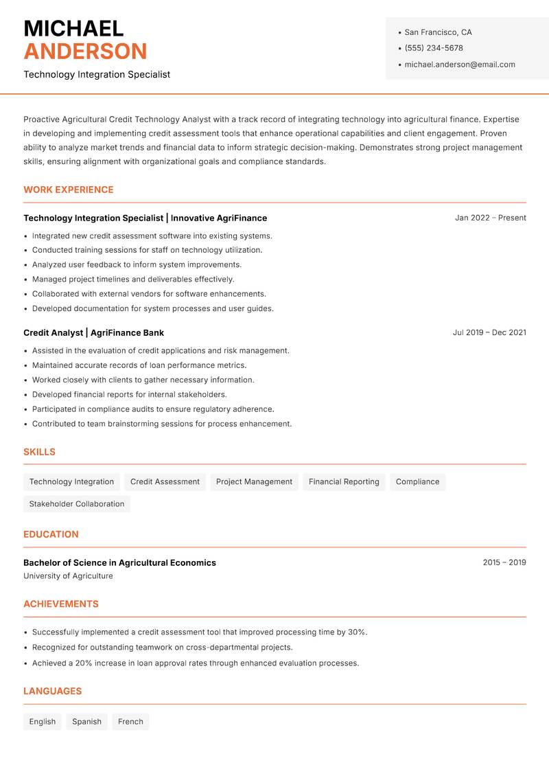 Agricultural Credit Technology Analyst resume sample — Technology Integration Specialist focus