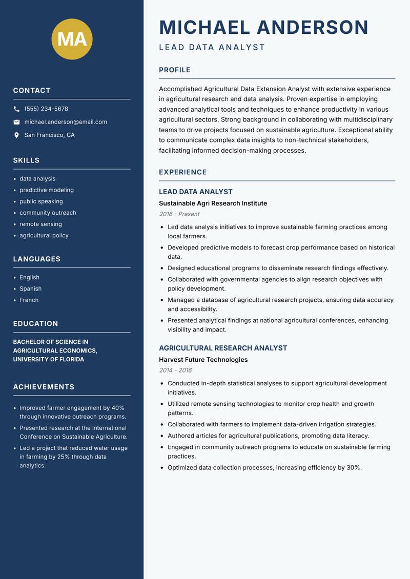Agricultural Data Extension Analyst resume sample — Lead Data Analyst focus