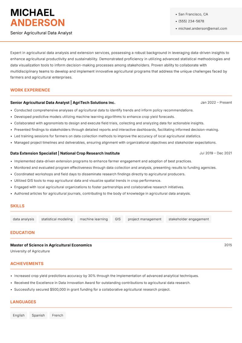 Agricultural Data Extension Analyst resume sample — Senior Agricultural Data Analyst focus