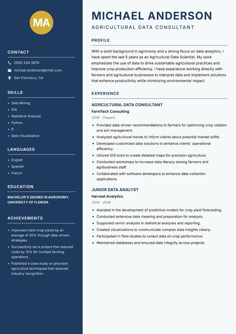 Agricultural Data Scientist resume sample — Agricultural Data Consultant focus