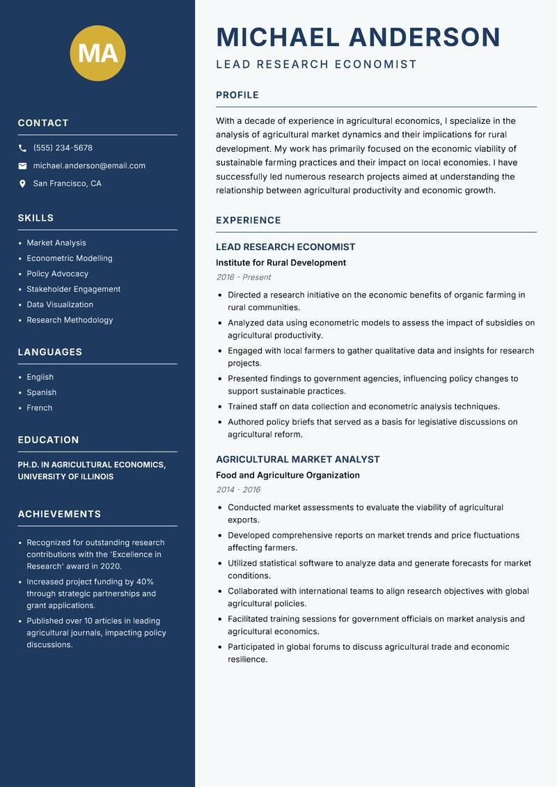 Agricultural Economics Researcher resume sample — Lead Research Economist focus